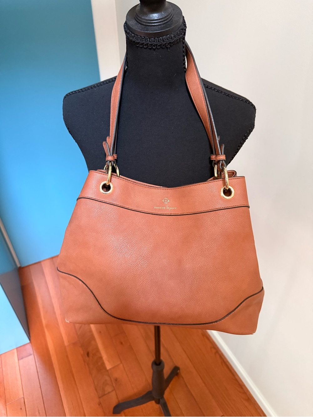 Nanette Lepore pebbled Leather Tote in Cognac Brown with leopard lining.
